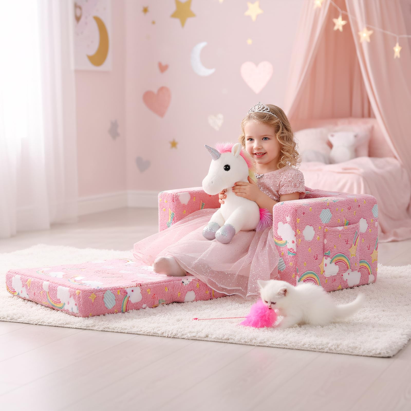 Kids Sofa Toddler Chair, Children Couch with Side Pockets 2 in 1 Glow in Dark...