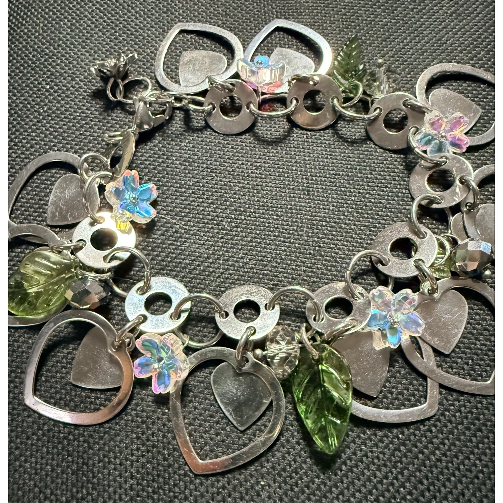 Handmade Silver Heart Charm Bracelet w/ Crystal Flowers & Leaves Adjustable