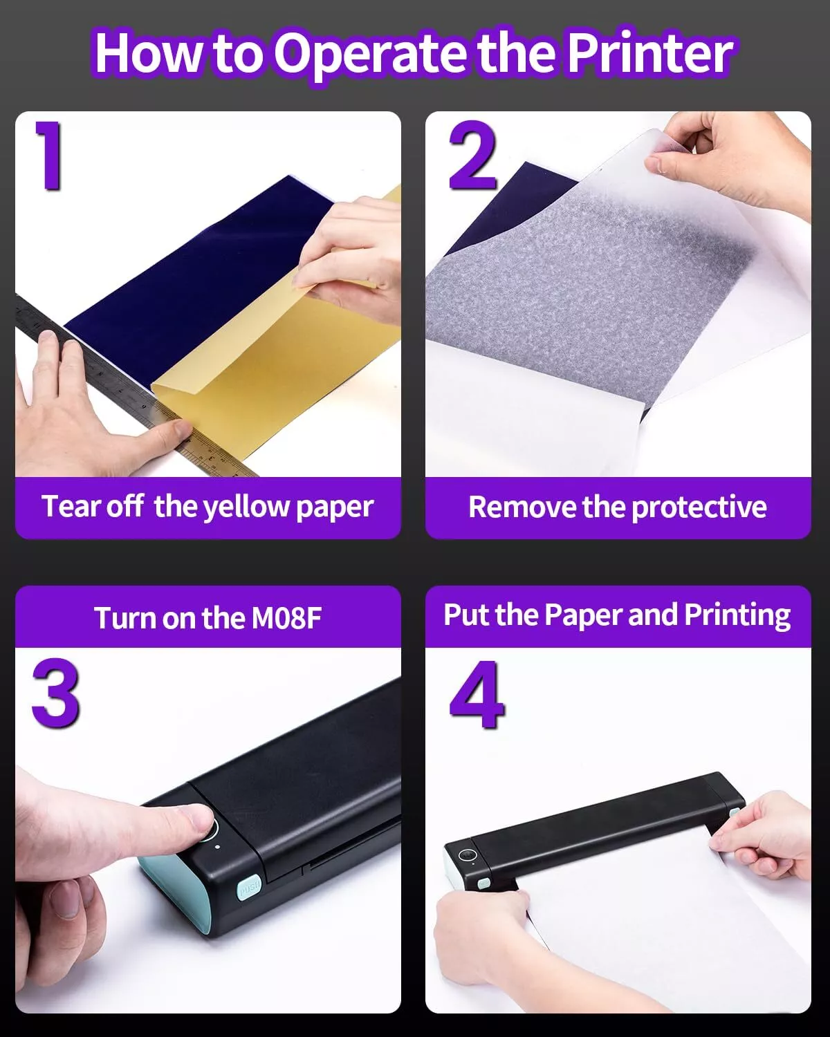M08F Portable Bluetooth A4 Printer Inkless Thermal Printer for Android iOS PC