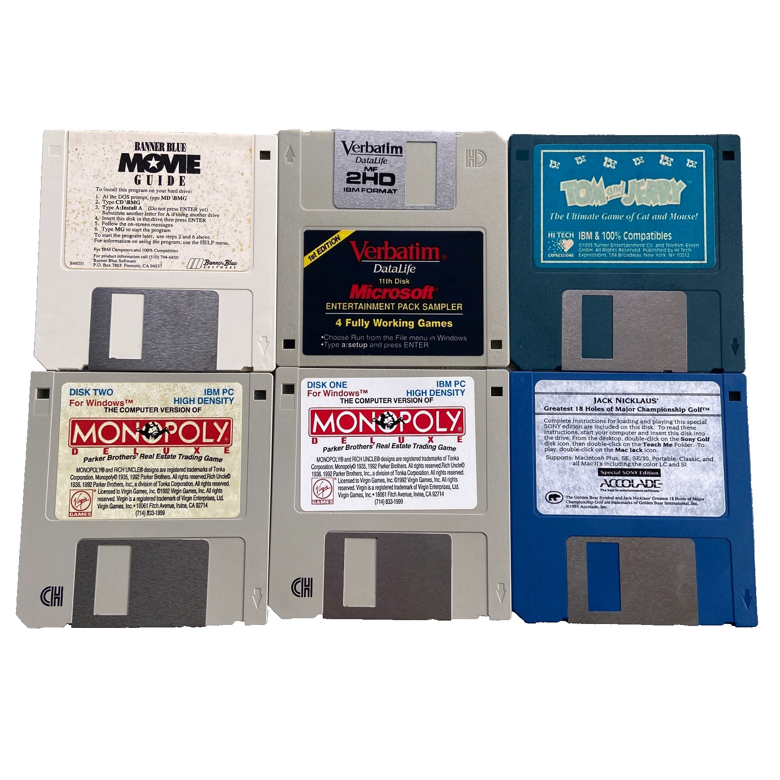 Game Lot 3.5” Floppy Disk Monopoly Tom Jerry Banner Blue Movie Guide Microsoft