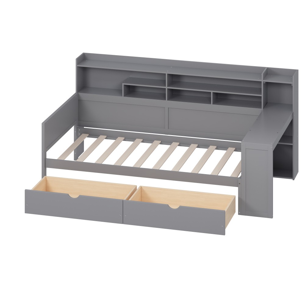Twin Daybed w/ Storage & Desk, Wood Frame, Gray - Space Saving Design