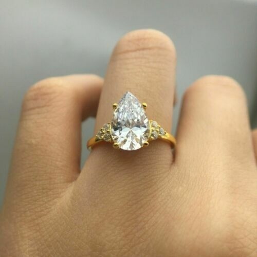 2.90 Ct Pear Cut White Diamond Lab-Created Engagement Ring 14K Yellow Gold FN