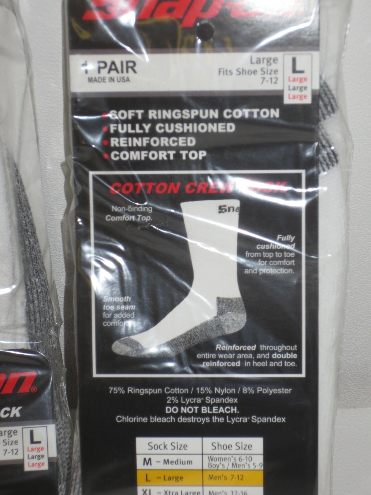 6 PAIRS Snap-On CREW Socks Men's WHITE LARGE ~ FREE SHIPPING ~ MADE IN USA *NEW*