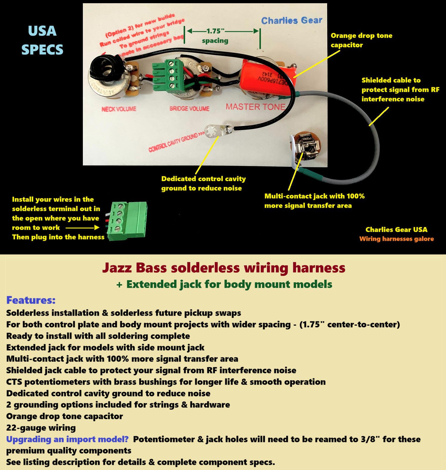 Jazz Bass Solderless Wiring Upgrade + Extended Jack for Side Mount
