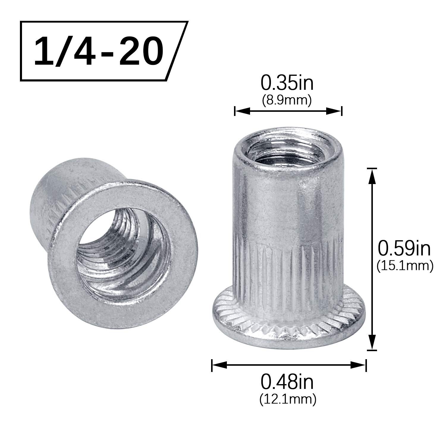 100 Pcs 1/4-20 Aluminum Flange Rivet Nuts, UNC Flat Head Threaded Insert Nut NEW