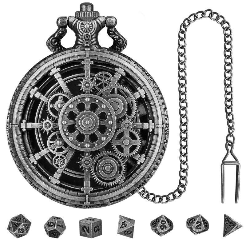 7pcs Tiny Polyhedral Metal Dice Set DND Dices with Gear Pocket Watch Case Gifts