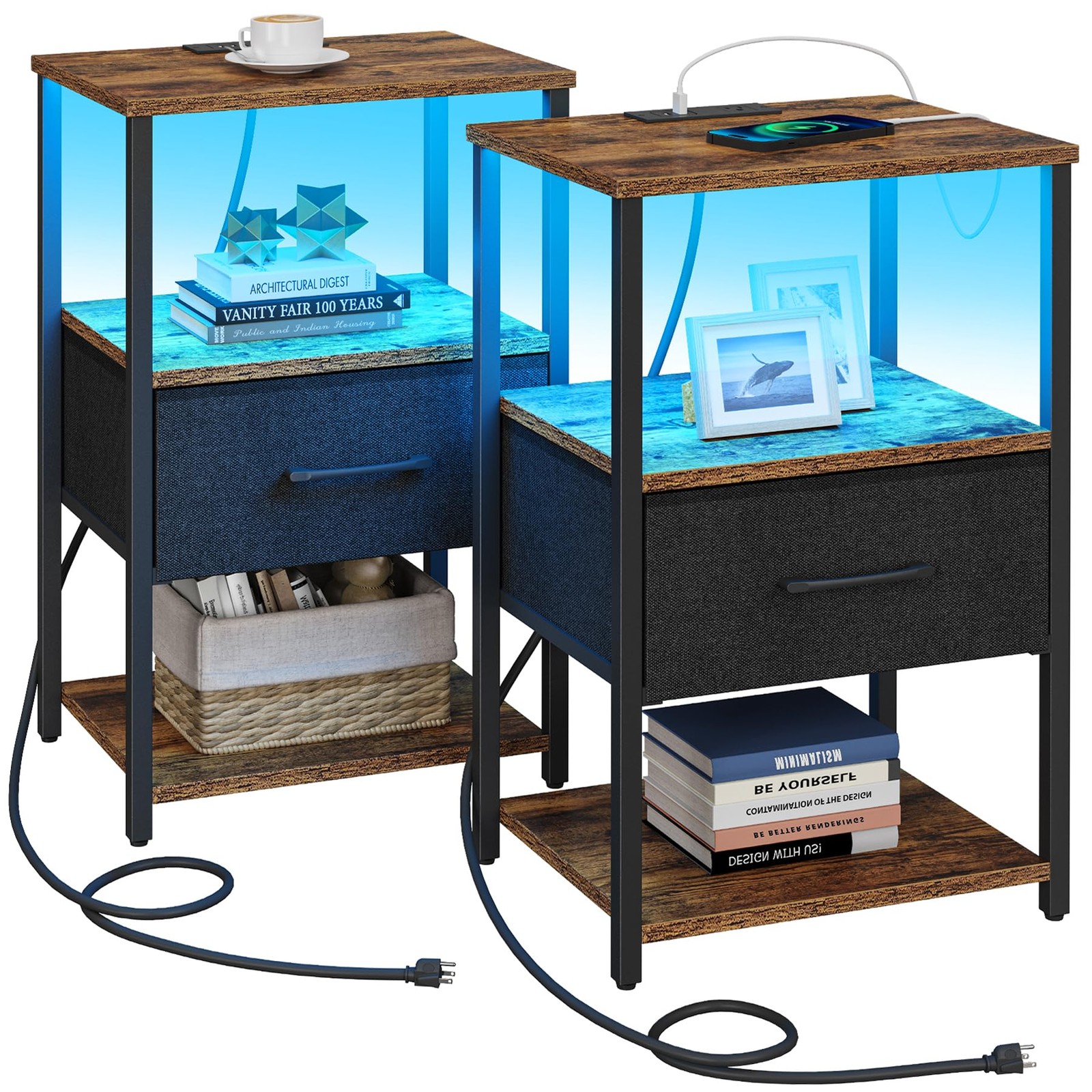 Set of 2 LED Nightstand With Charging Station End Table With Fabric Drawer Brown