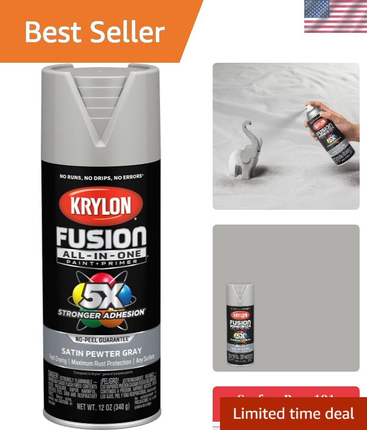 Krylon Fusion Satin Spray Paint - Pewter Gray, Durable, Quick-Dry Solution