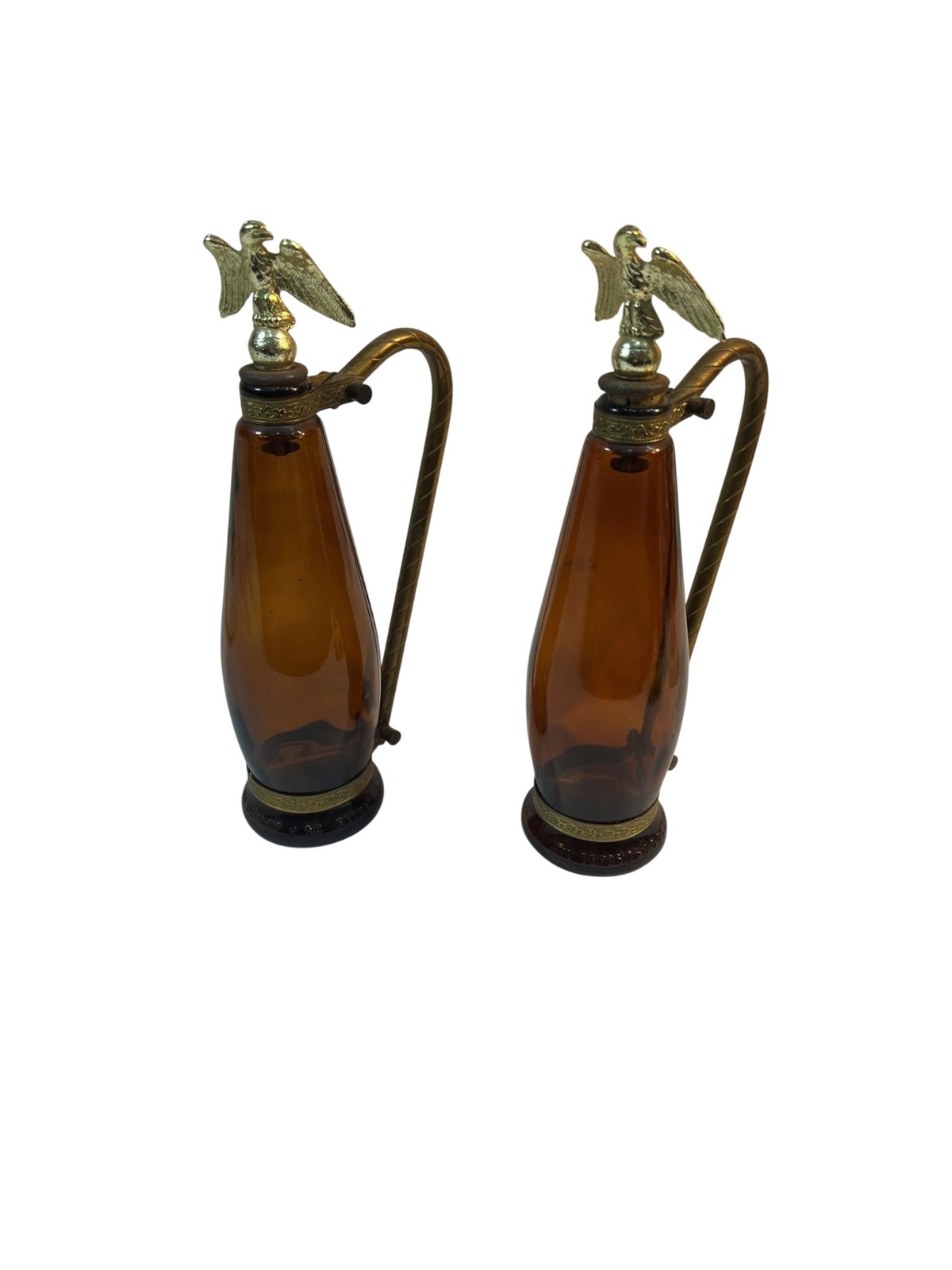 Vintage Amber Glass Eagle Top Decanter Bottles Lot 2 Brown Gold