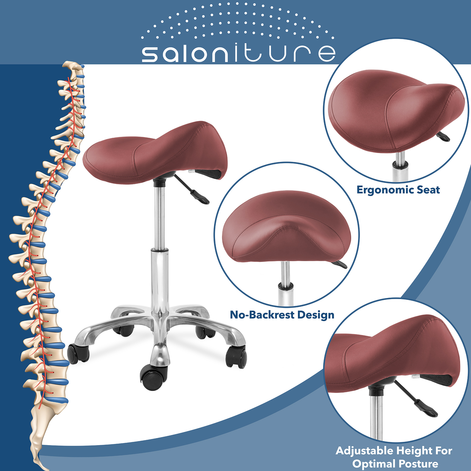 Hydraulic Adjustable Rolling Saddle Stool - Ergonomic, Swivel Wheels - Burgundy