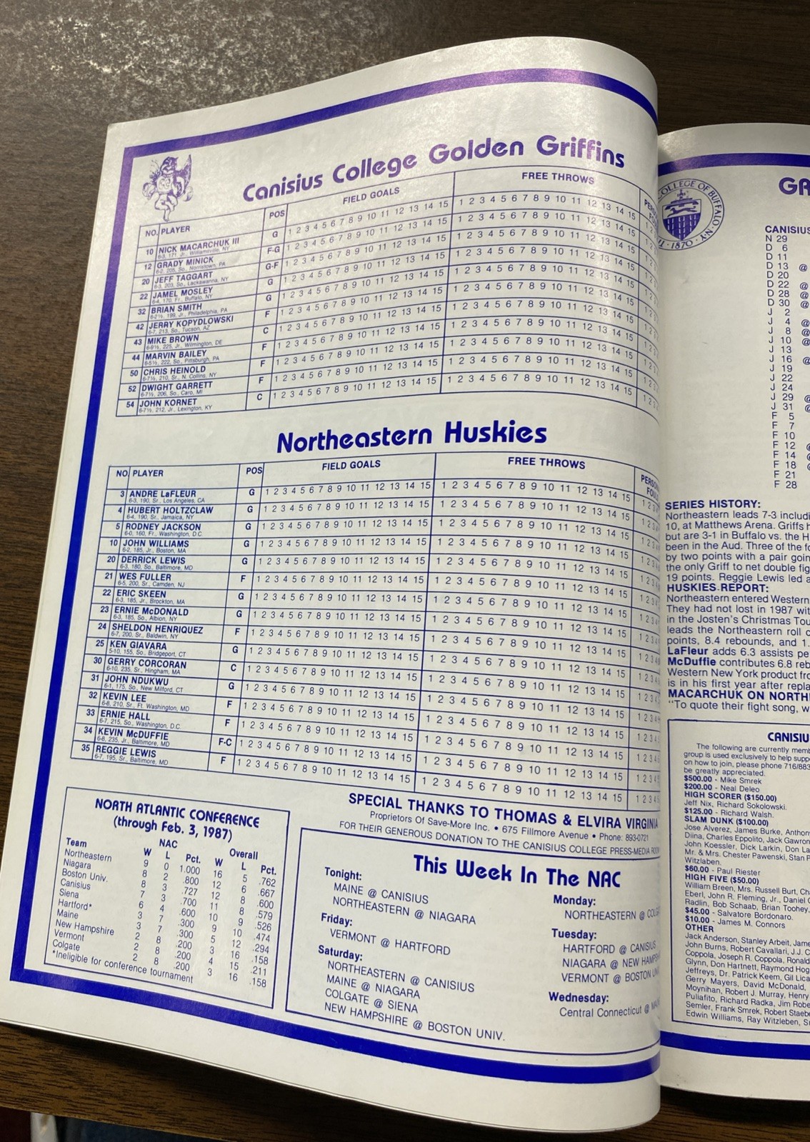 RARE 1987 NCAA Basketball Program Canisius Buffalo Northwestern Buff State