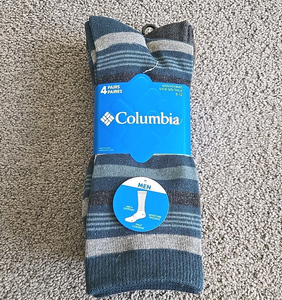 Columbia 4 Pair Every Day Crew Socks Men's Sz  6-12 NWT Blue Black Taupe Gray