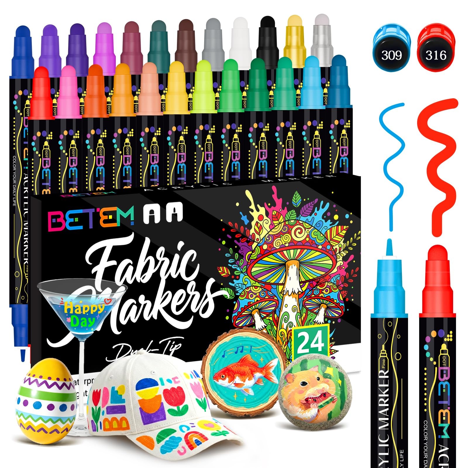 Betem 24 Colors Dual Tip Acrylic Paint Pens 1 Count (Pack of 24), White