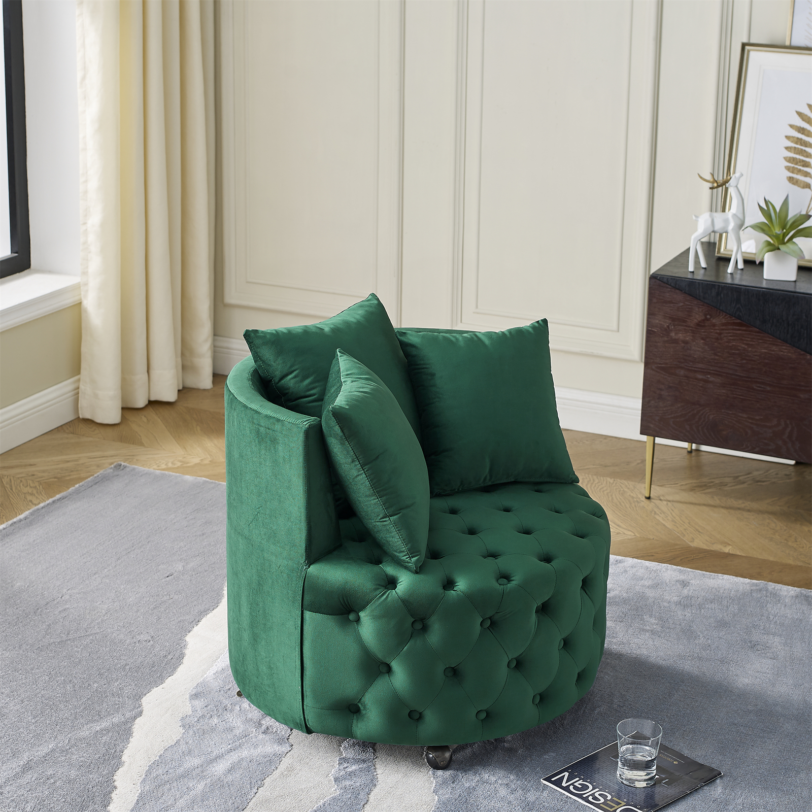 Velvet Upholstered Accent Chair Sofa Lounge Club Round Chair Living Room Green