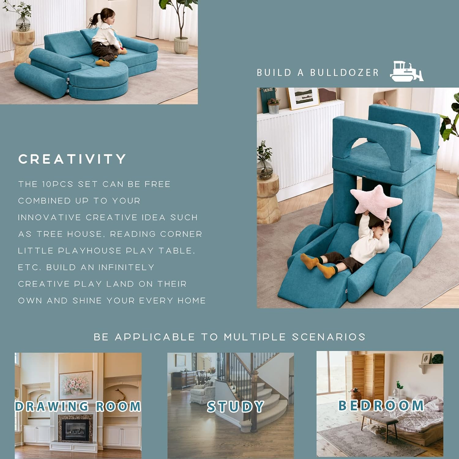 Luxury Modular Foam Couch for Kids & Adults - Playhouse Set (Teal)