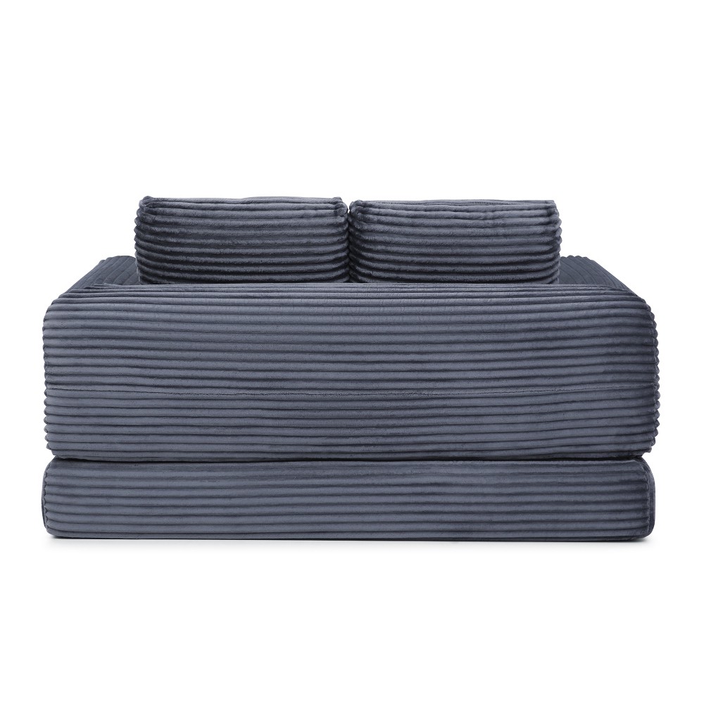 Folding Sofa Bed Sleeper Couch Corduroy Futon w/ 2 Pillows, Grey