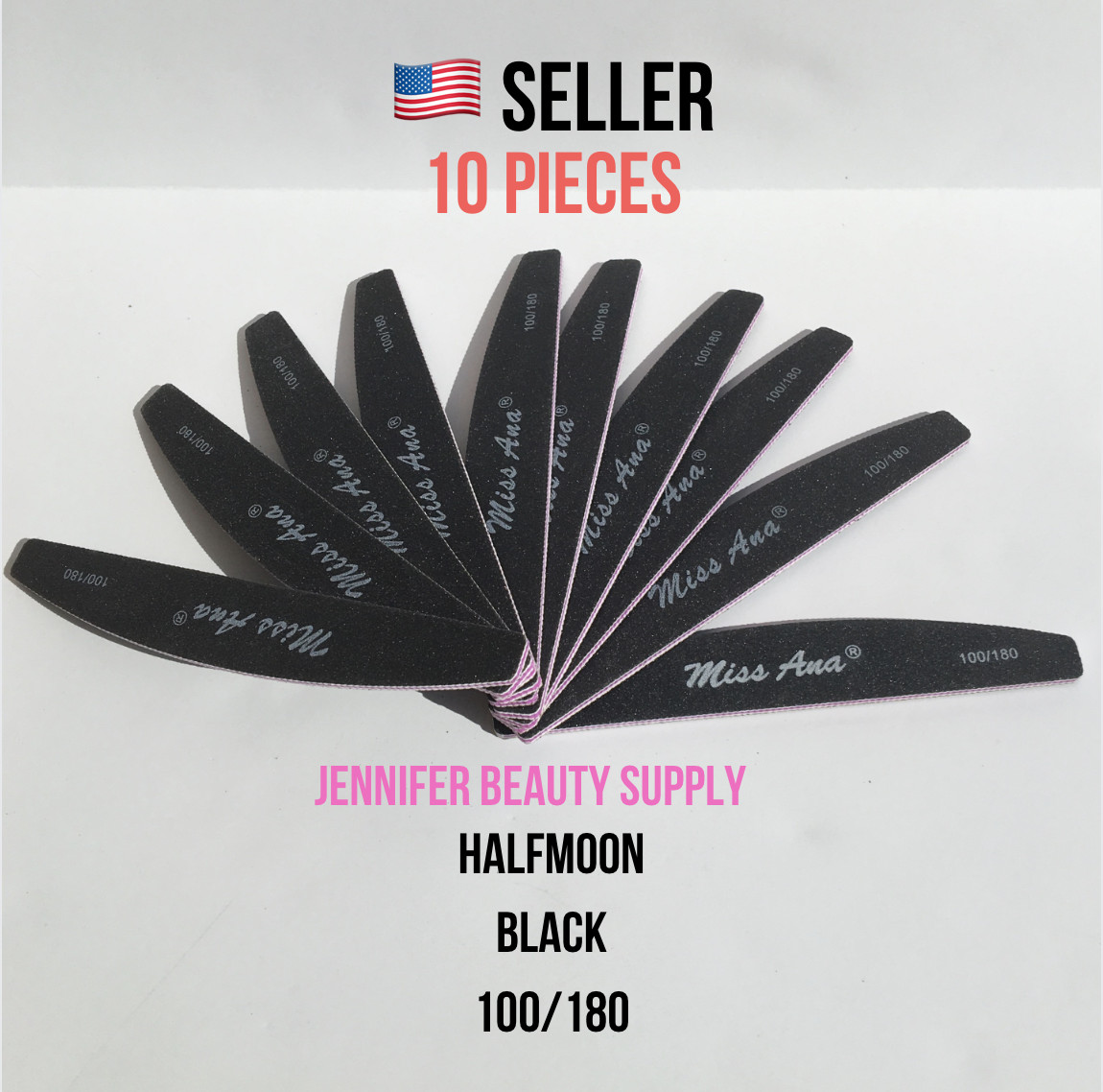10PCS PROFESSIONAL 100/180 GRIT BLACK HALF MOON NAIL FILES 7x1 | US SELLER