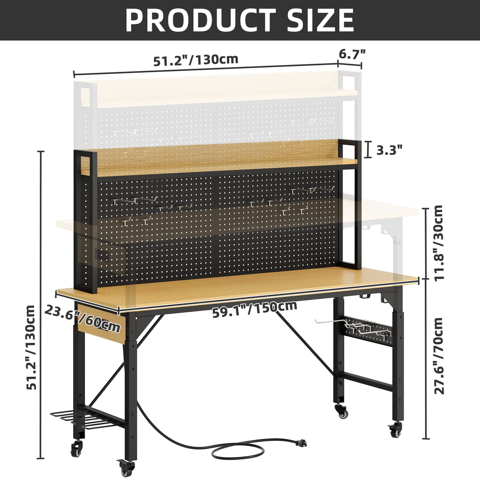 GARAGE Rolling WORKBENCH Multifunctional 52"H Tool Pegboard Power Outlets Steel