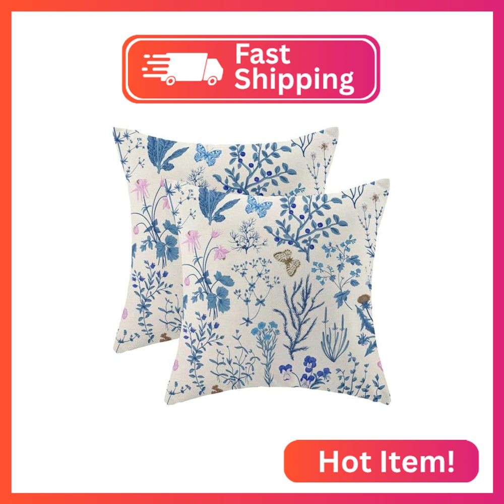 AEIOAE Summer Pillow Covers 22x22 Inch Set of 2,Blue Wild Flower Plant Throw Pil