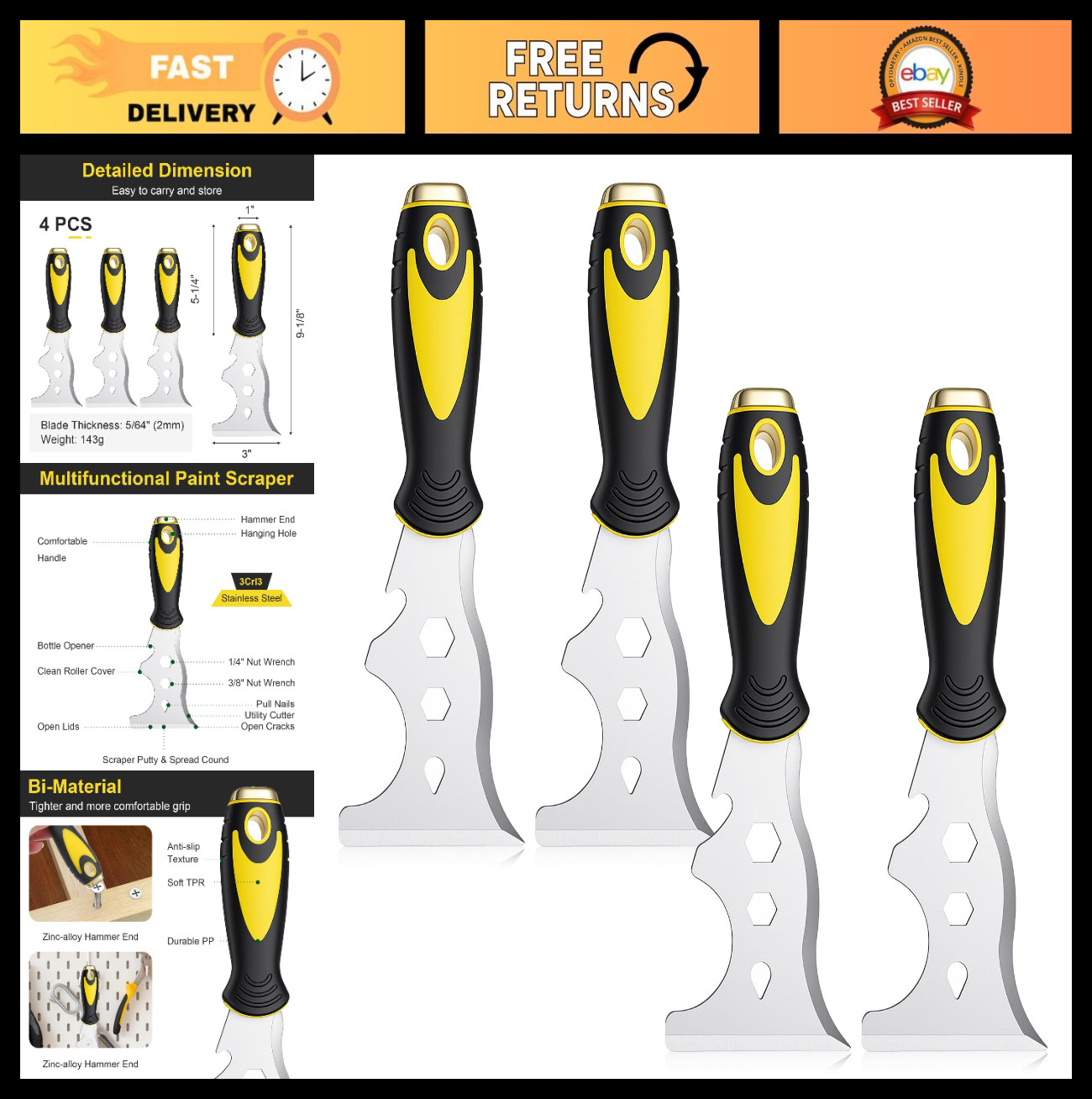 14-in-1 Multi-Purpose Stainless Steel Scraper Set, Caulk Remover & Putty Knife T