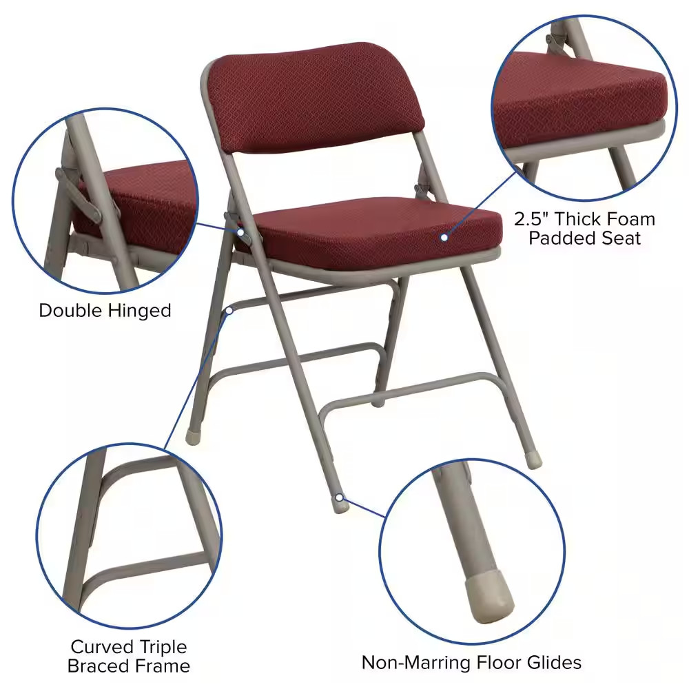 Hercules Series Premium Curved Triple Braced & Double Hinged Burgundy Fabric Uph