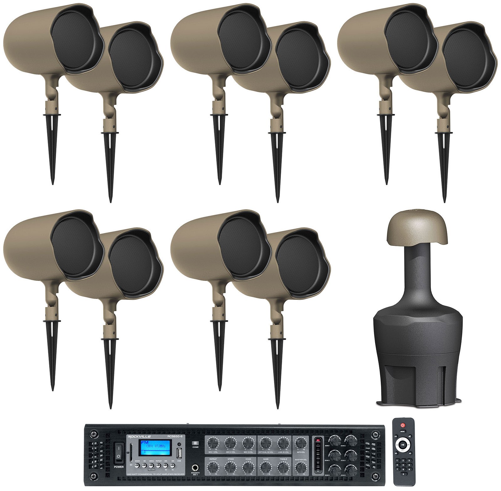 (10) JBL GSF6-TN 6.5" Landscape Ground Stake 70v Commercial Speakers+12" Sub+Amp