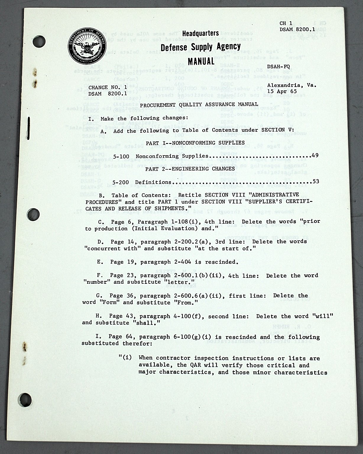 Defense Supply Agency DSAM 8200.1 Apollo Technical Manual 1965 USA