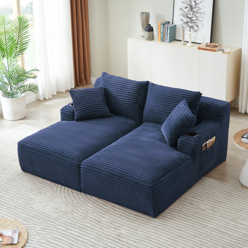 Compressible Double Chaise Sofa w/ Cupholders & Corduroy - No Assembly
