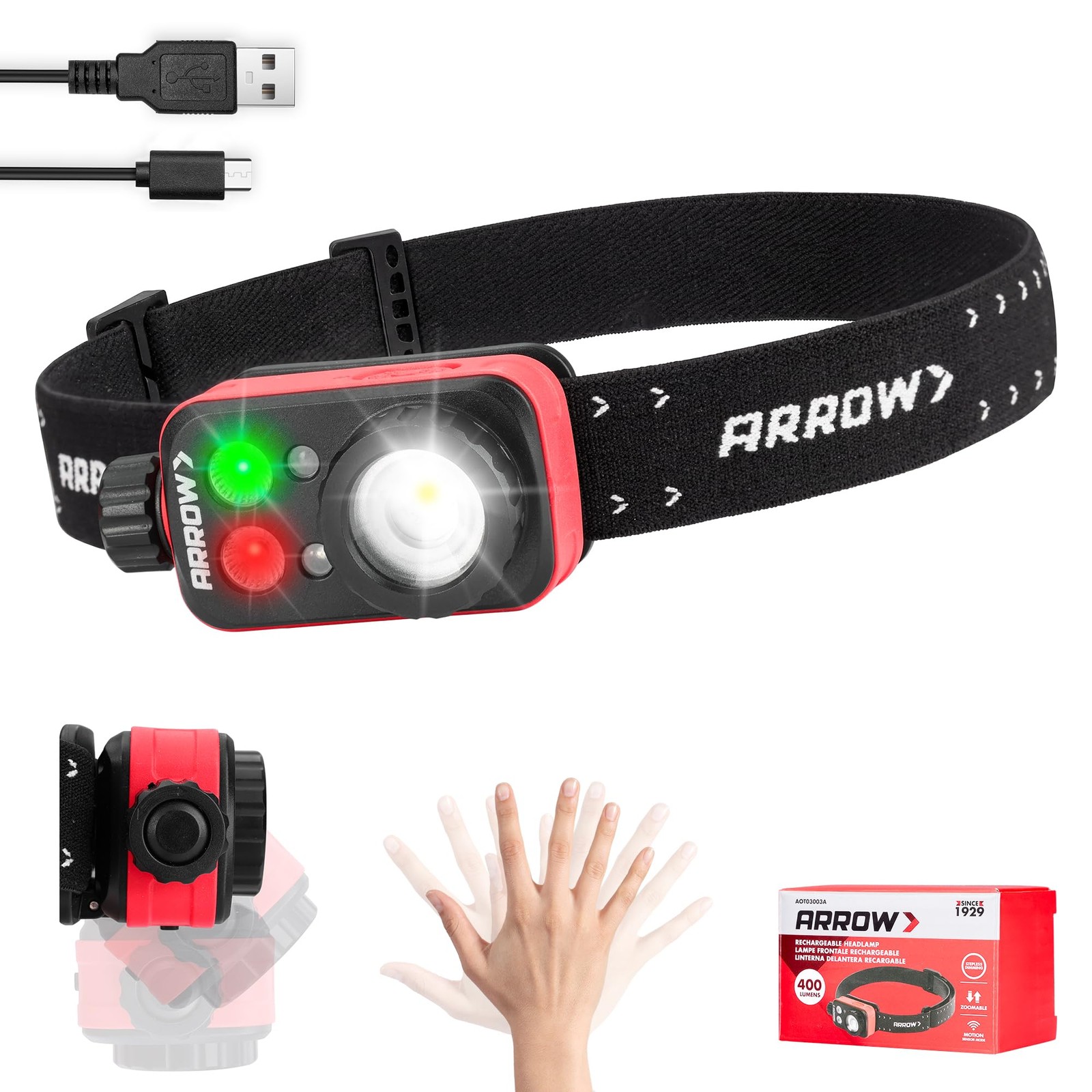 Arrow Rechargeable LED Headlamp, Zoomable Head Lamp with Red/Green/White Ligh...