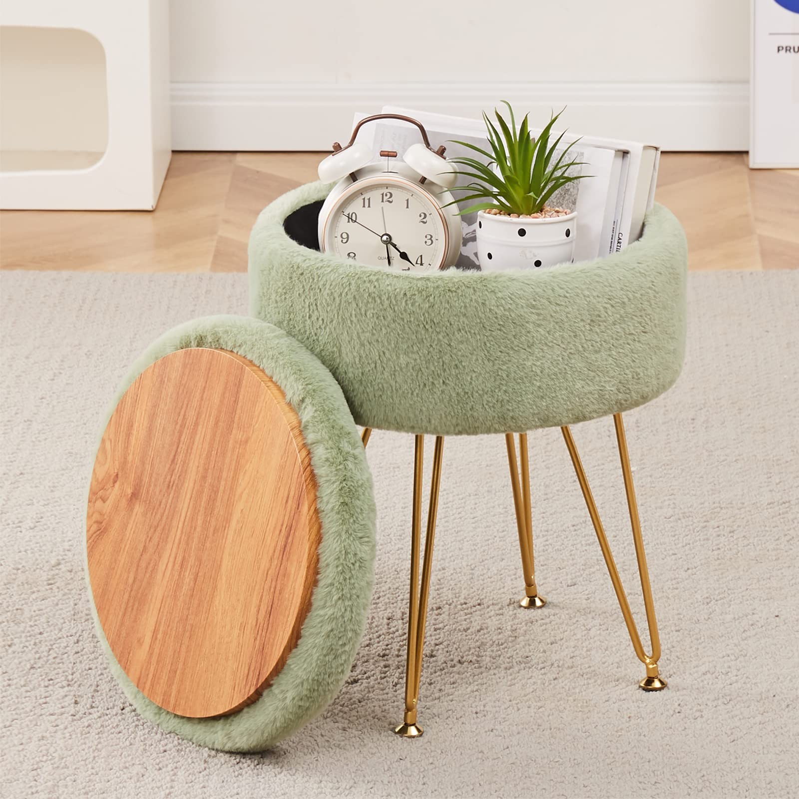 Footrest Footstools Round Faux Fur Ottoman with Storage Space Soft Vanity Cha...