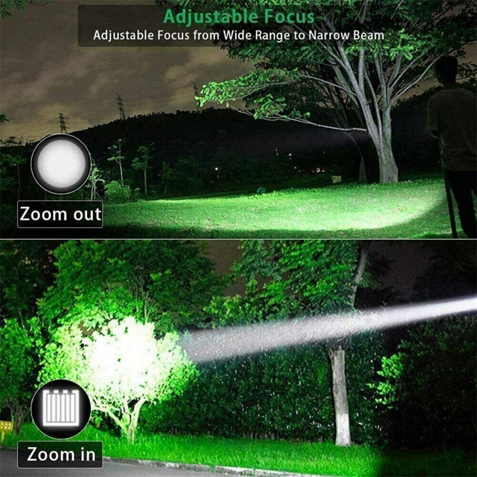 LED Flashlight 1000 lumens Super Bright Tactical Rechargeable Retractable Zoom