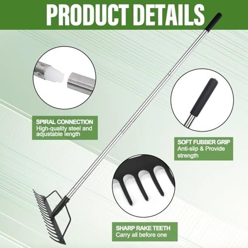 15 Inch Wide Bow Rake, 16 Steel Tines Metal Head Rake Tool with Stainless