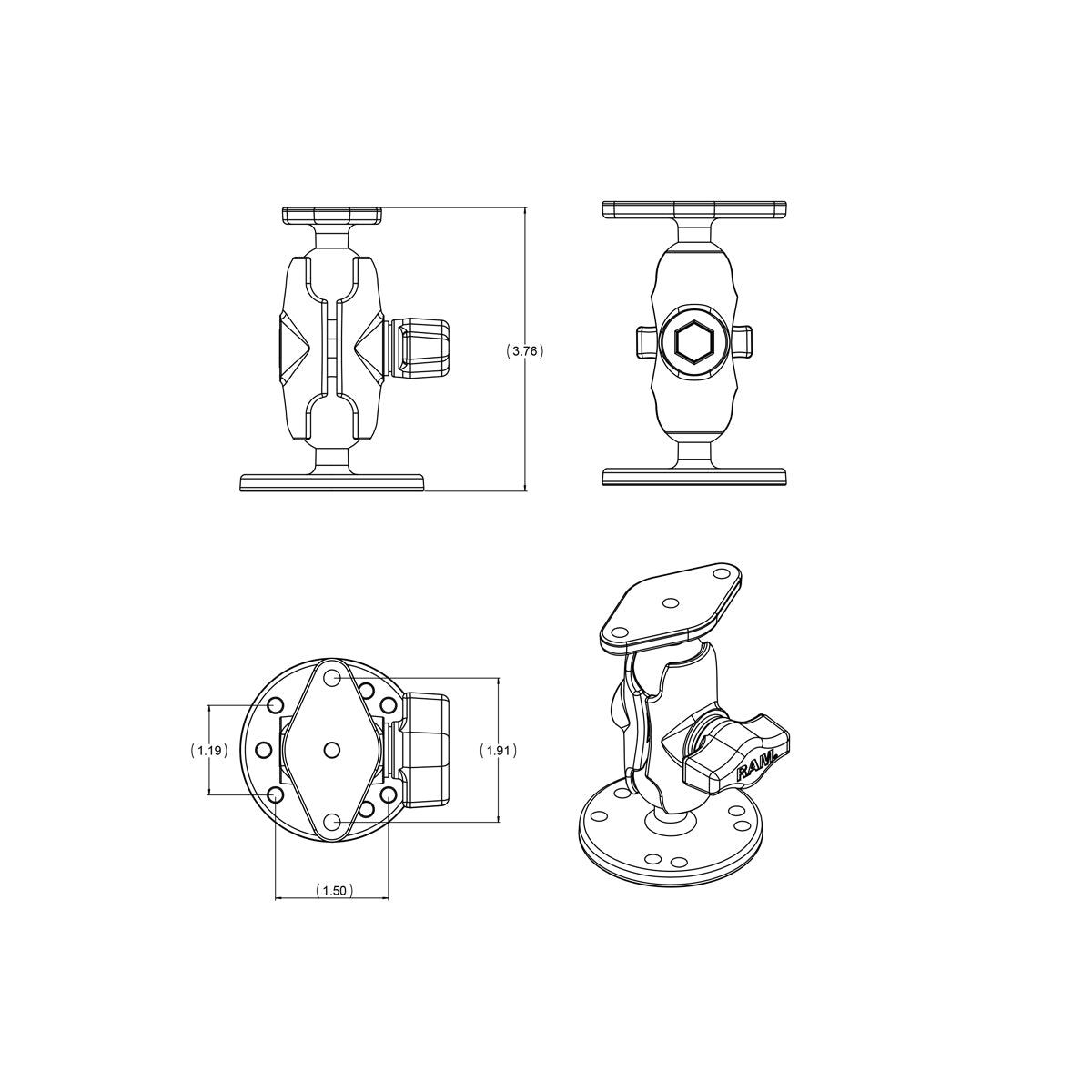 RAM-B-138U-A RAM Double Ball Drill-Down Mount with Diamond...