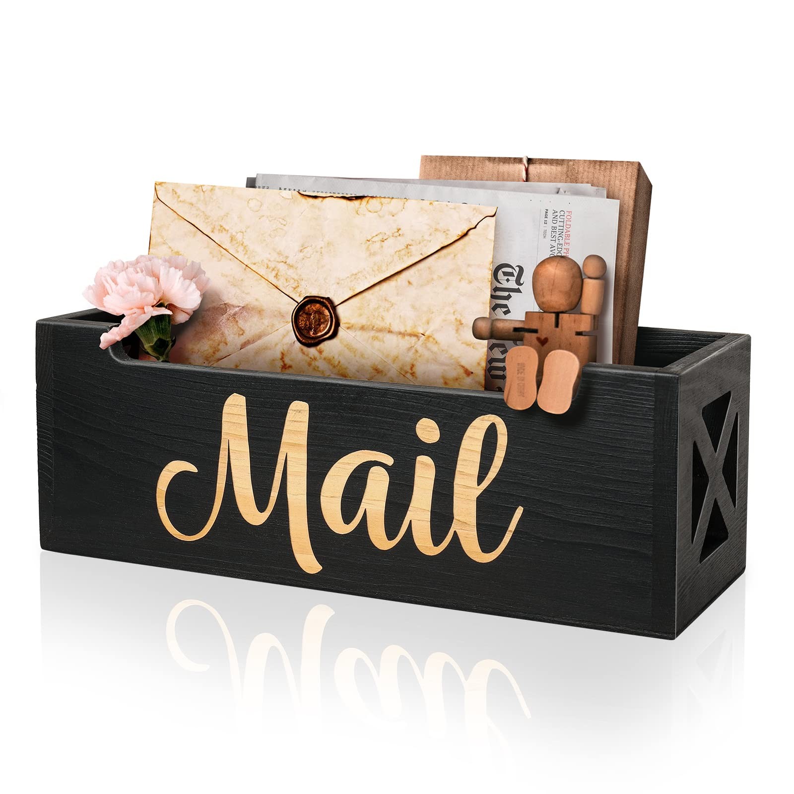 Mail Organizer Mail Holder Countertop, Rustic Wooden Mail Basket Mail Black
