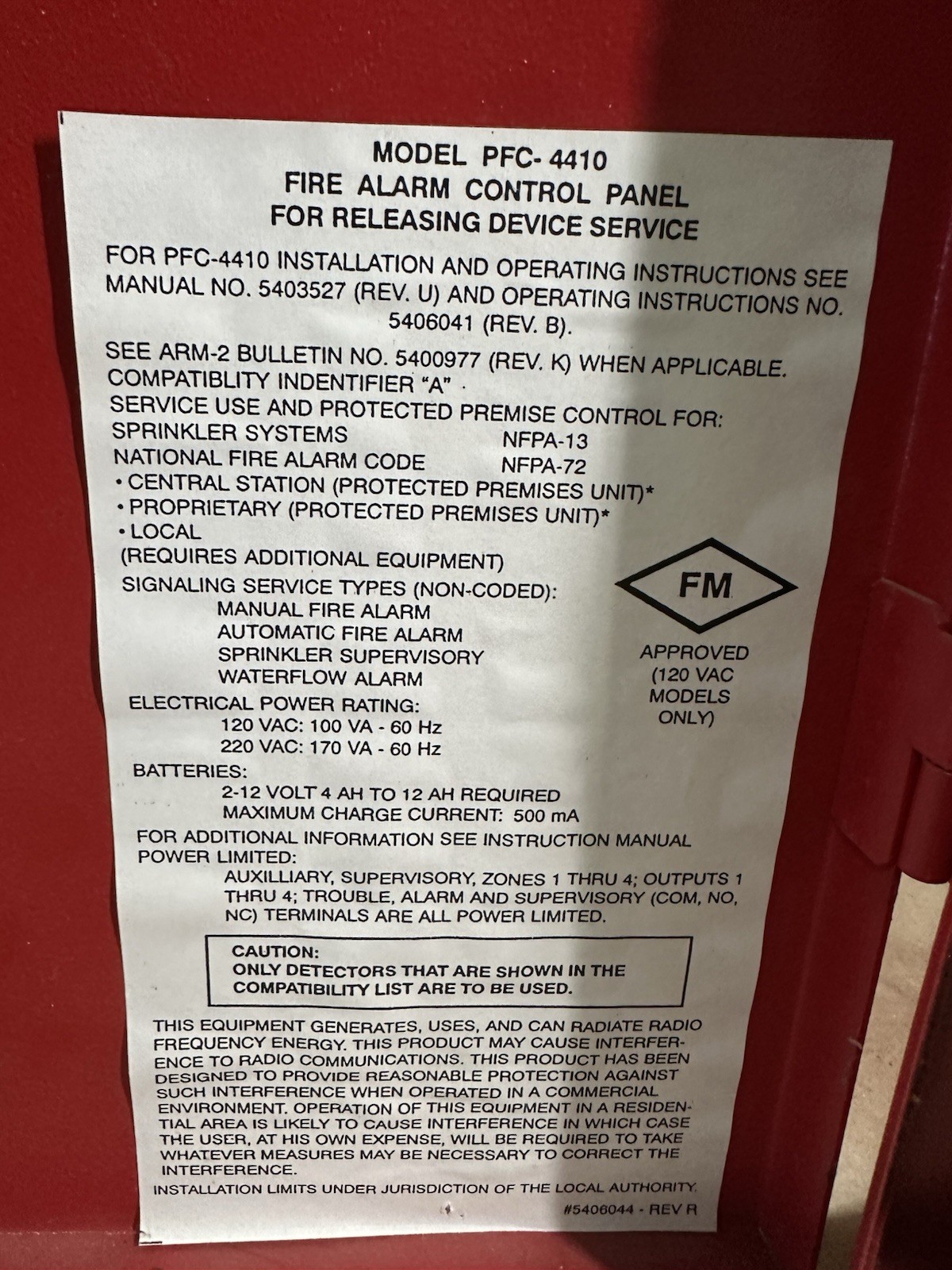 Potter PFC-4410 Fire Alarm Releasing Control Panel Untested No Key Unlocked