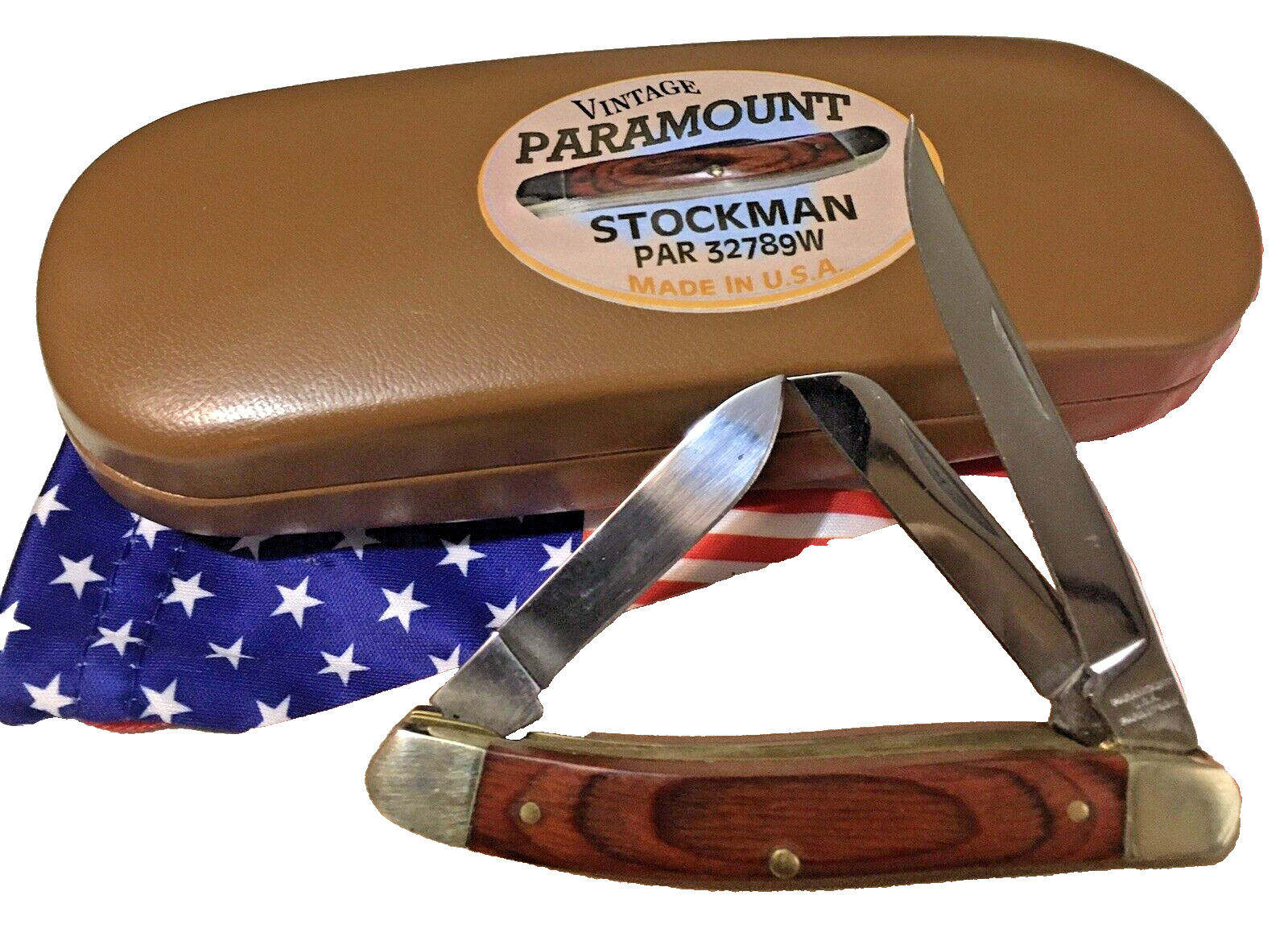 VINTAGE PARAMOUNT PAR-32789W3 BLADE STOCKMAN HARDWOOD HANDLES   Made in  USA NEW