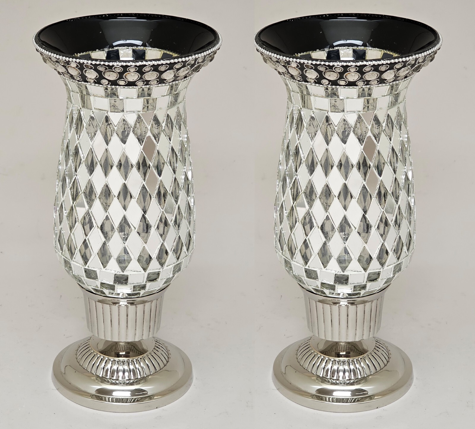 Candle Holder 5"D 10.5"Hi Set/2 Nickel Plated & Mirror Mosaic Shade FREE SHIPING