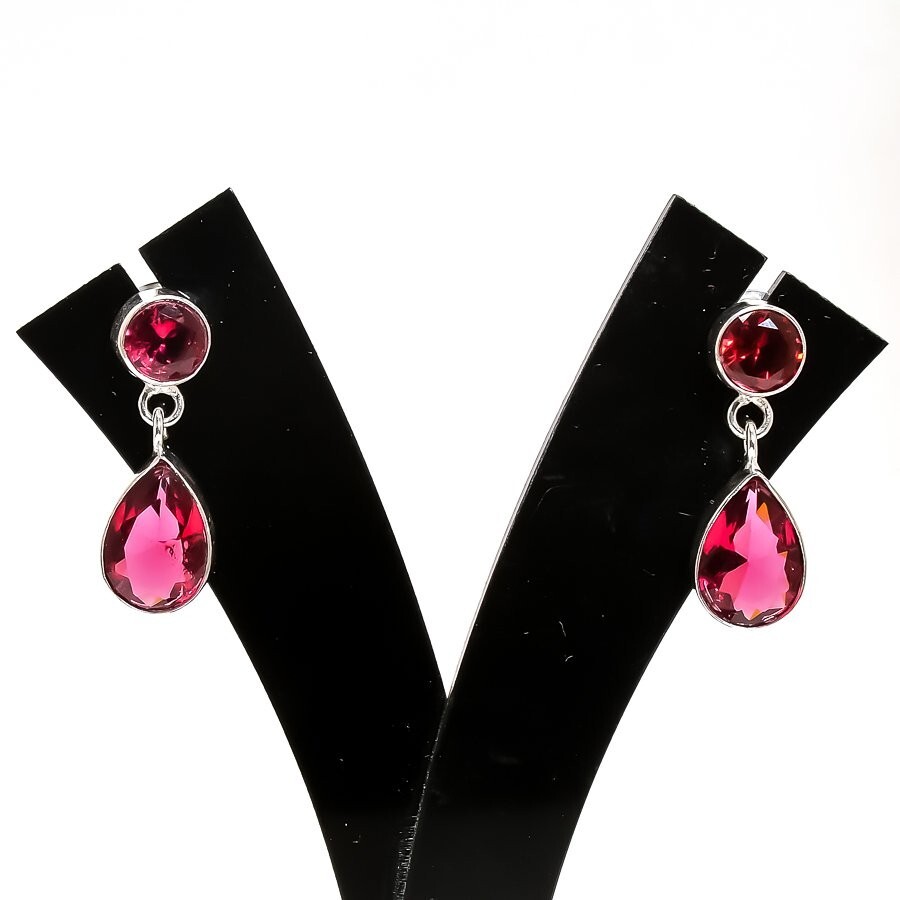 Pink Rubellite Gemstone 925 Sterling Silver Jewelry Stud Earring Size 1.20"