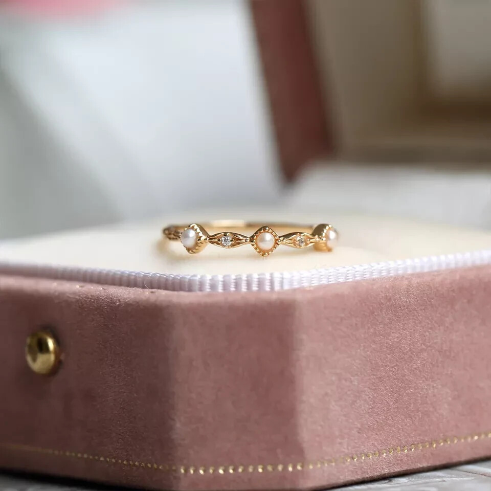 Vintage Tiny Pearl 18K Gold Plated Retro Lace Thin Band Dainty Women Open Ring