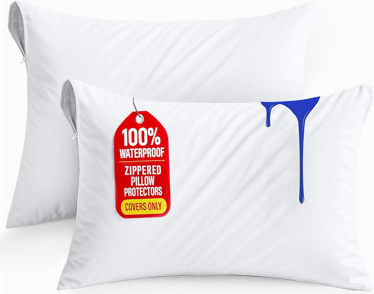 Set of 2 Waterproof Pillow Protectors with Zipper Queen Size (White), Ultra Soft