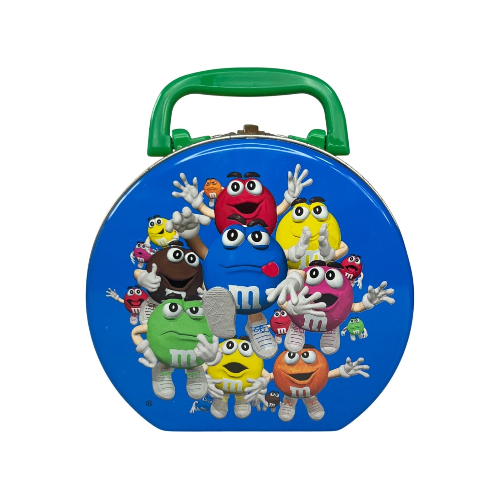 Vintage 1999 M&Ms Round Metal Lunchbox Tin Handle Blue Red