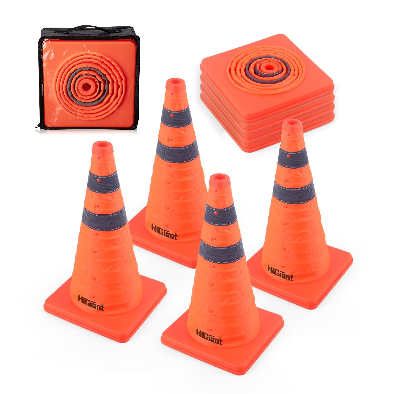 [4 Pack] Collapsible Traffic Safety Cones 18 Inch, Orange Pop-up Cones with R...