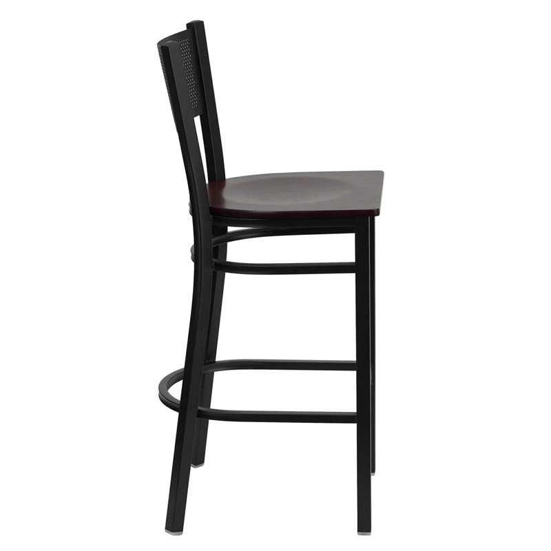 Black Grid Back Metal Restaurant Barstool with Mahogany Wood Seat