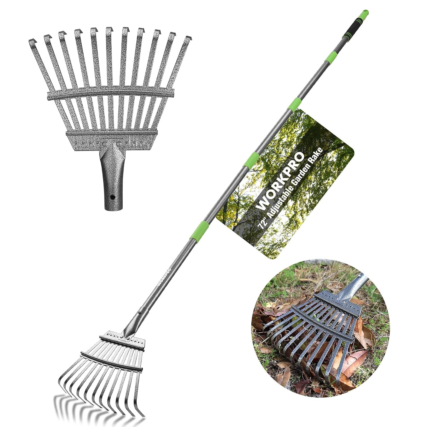 Small Adjustable Long Handle Leaf Rake 72" Steel Ti Long Handle Garden Yard Tool