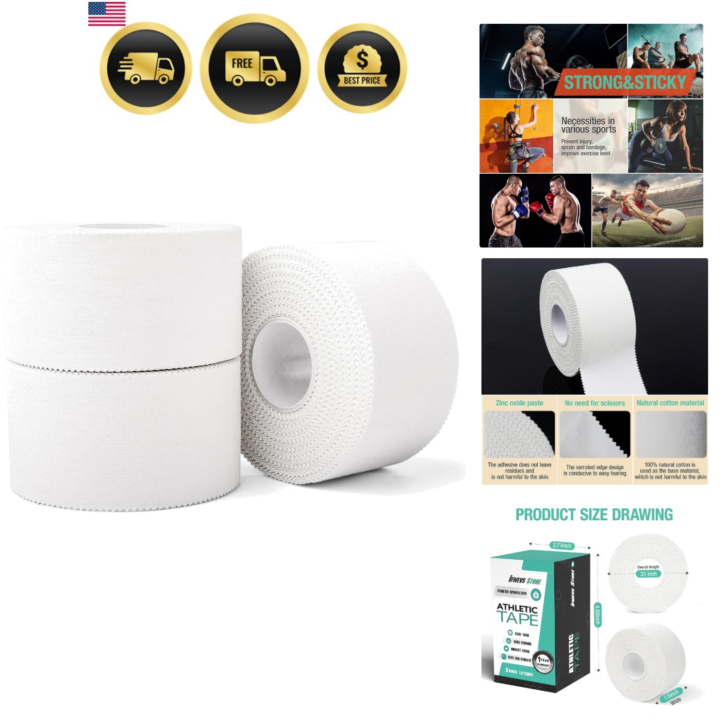 3 Pack White Athletic Sports Tape, Very Strong Easy Tear No Sticky Residue Ta...