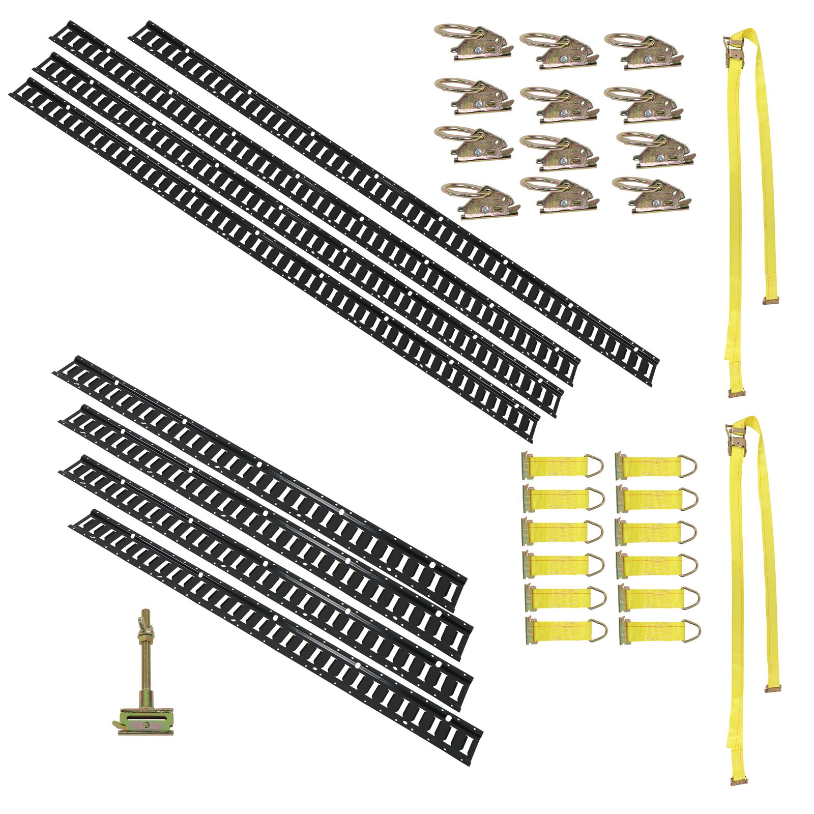 Labwork 4× 5' & 4× 8’ E Rails 12× O-Rings 12× D-Ring 2× 12‘ Ratchet Straps Black
