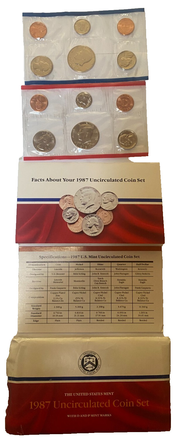 1987 P&D Mint Set Brilliant Uncirculated US Mint with Envelope (10 Coin Set).