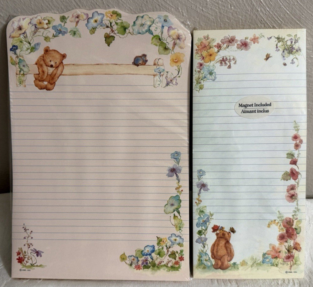 Vintage 80's Hallmark Heartline teddy bear floral design notepads one magnetic