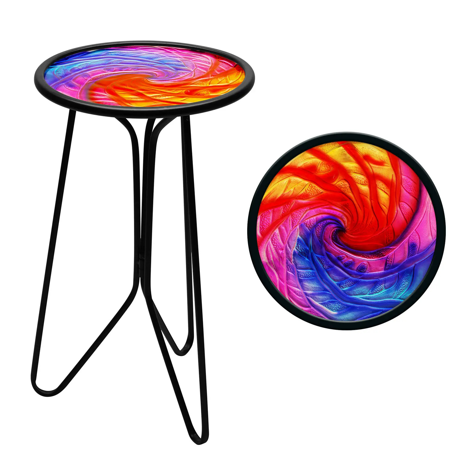 G128 12 in Round Glass Outdoor Side Table Mixed Color Pattern Plant Stand