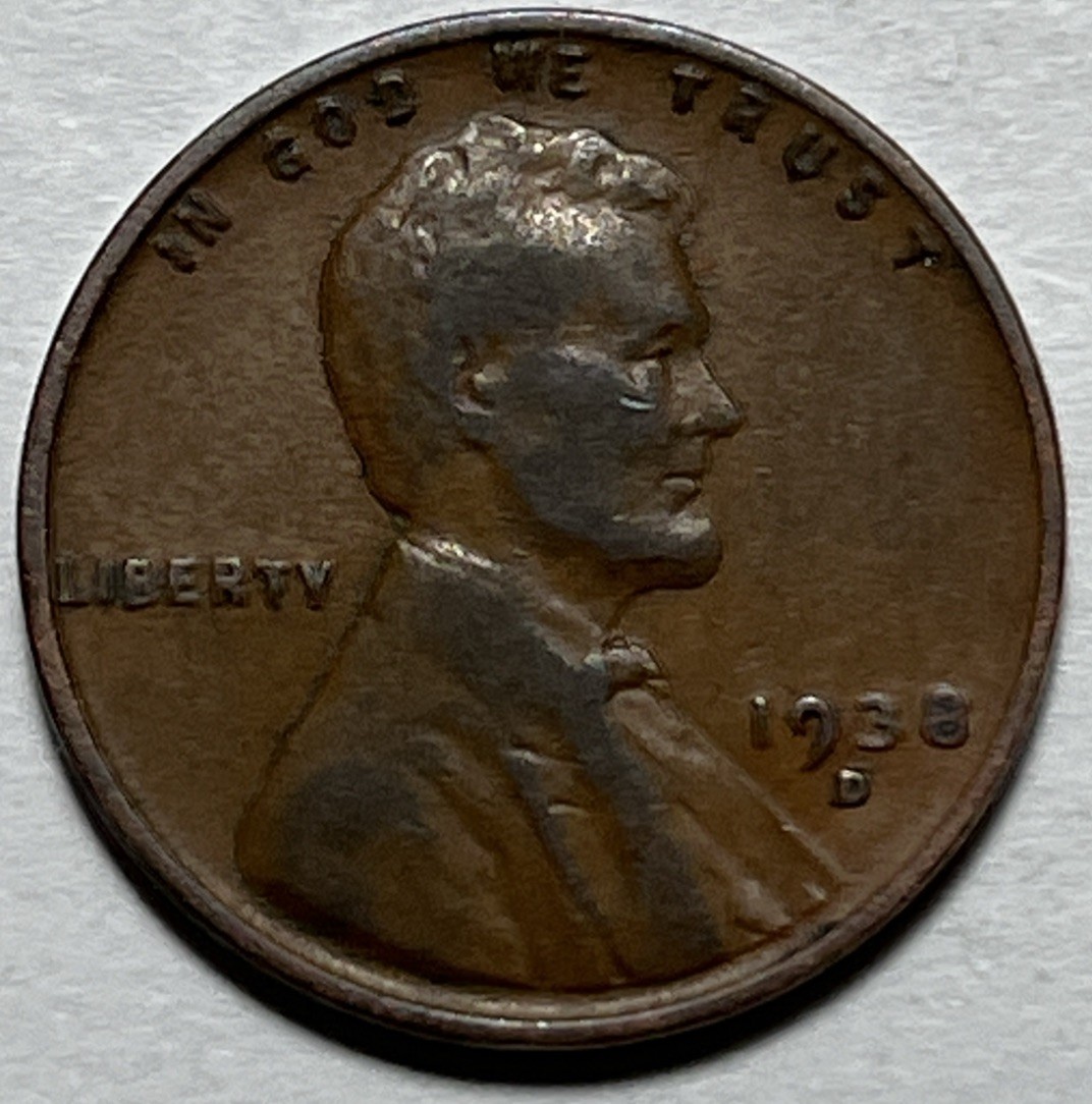 1938 D Lincoln Wheat Penny Error Strike Through Copper Shaving Reverse
